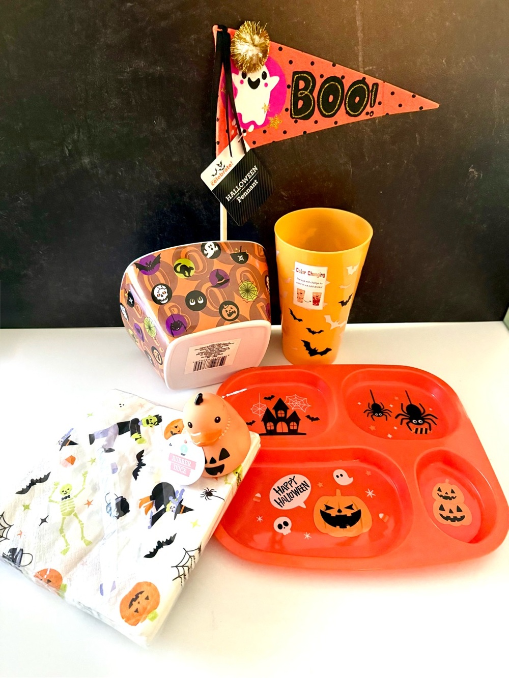 Halloween Party Kids Tableware Set - Orange Festive Plates & Cup.